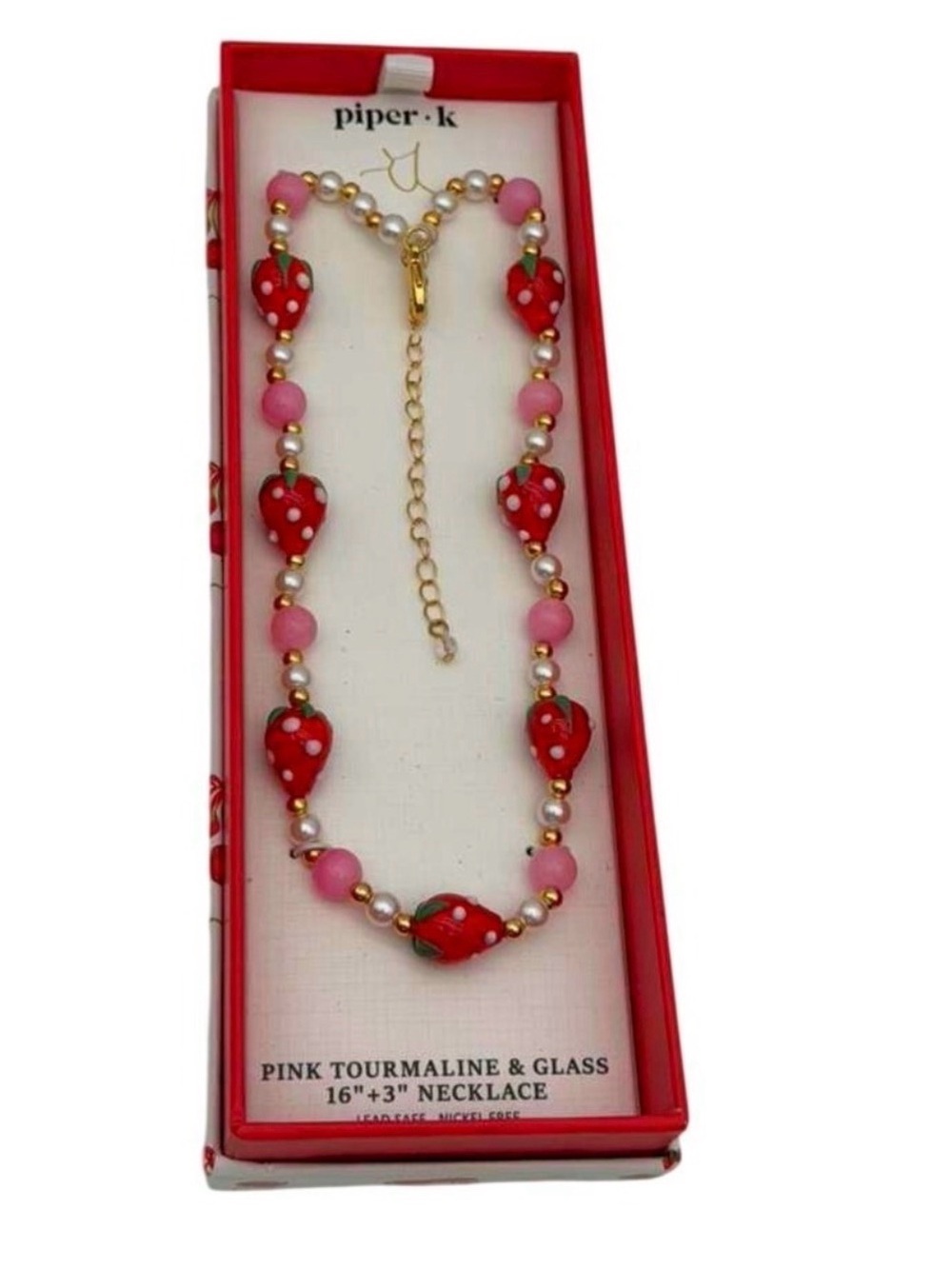 Piper Red Heart & Pink Bead Necklace with Gold Accents